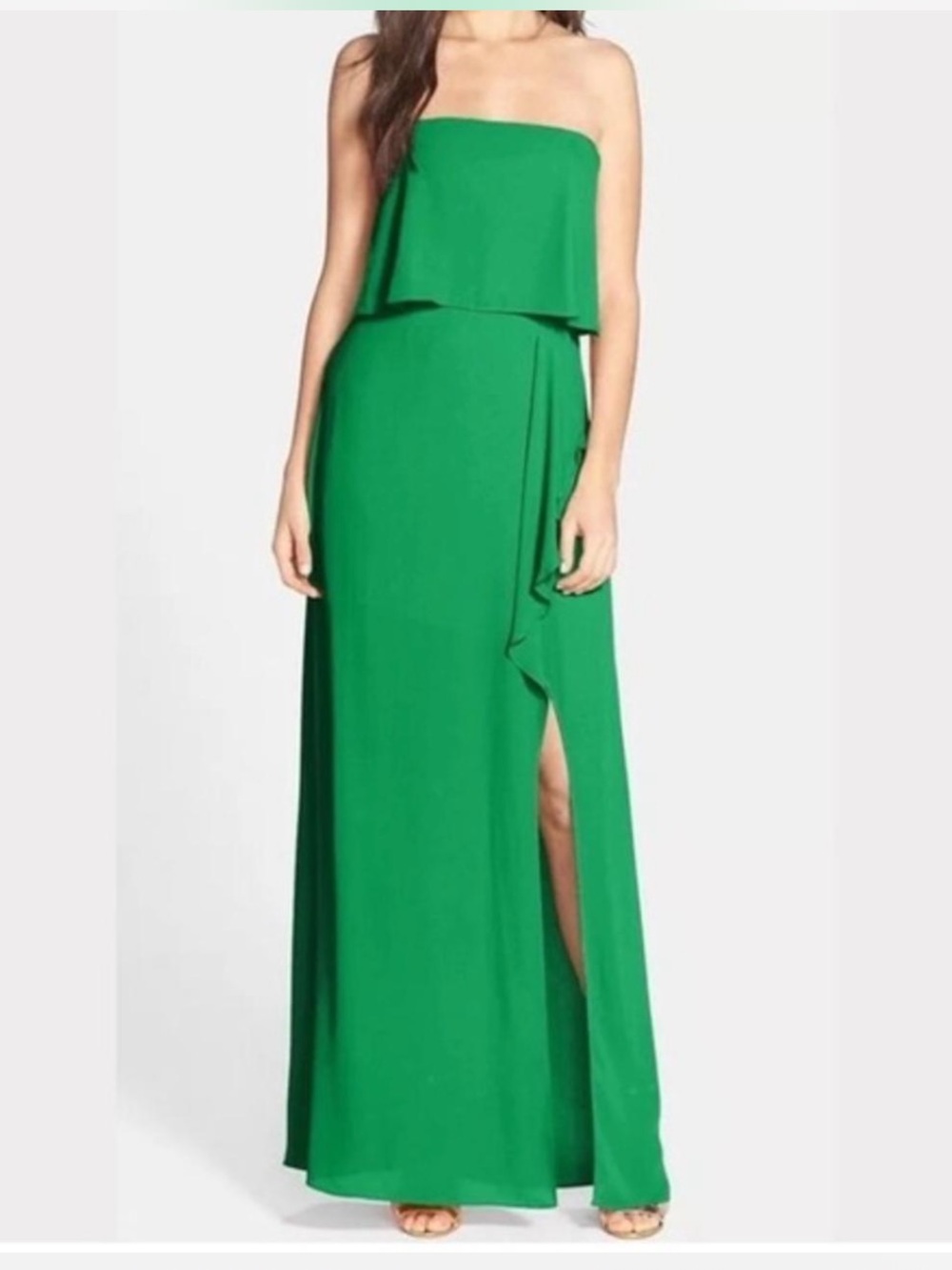 BCBGMaxAzria Strapless Emerald Green Maxi Dress with Side Slit